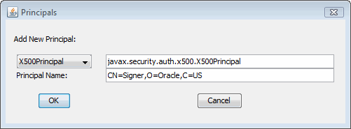 Principals dialog to add a X500Principal